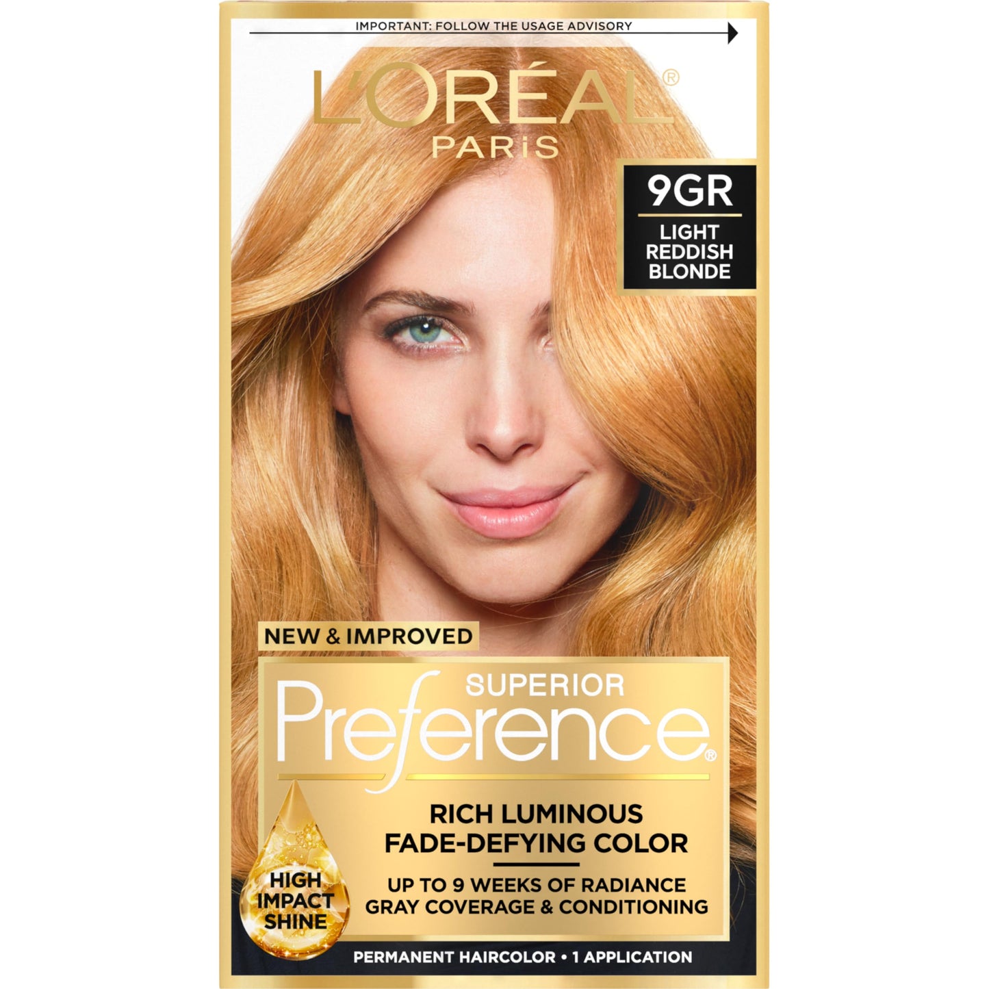 L'Oreal Paris Superior Preference Luminous Fade-Defying Permanent Hair Color, Hair Dye For Up to 9 Weeks of Radiance, Golden Reddish Blonde 9GR, 1