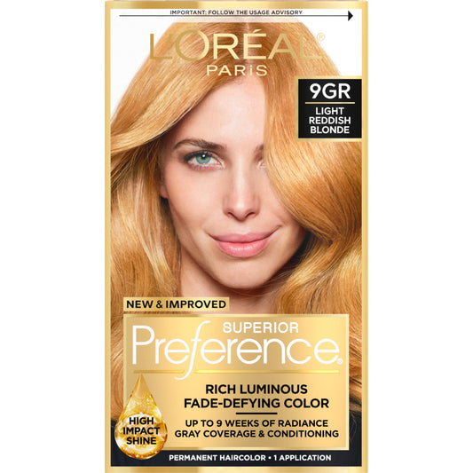 L'Oreal Paris Superior Preference Luminous Fade-Defying Permanent Hair Color, Hair Dye For Up to 9 Weeks of Radiance, Golden Reddish Blonde 9GR, 1