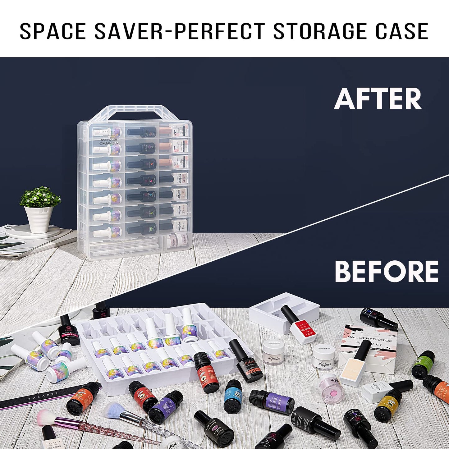 Makartt Nail Polish Organizer: Clear Universal Nail Polish Holder for 48 Bottles, Portable Sturdy Gel Nail Polish Organizer Case with 8 Adjustable