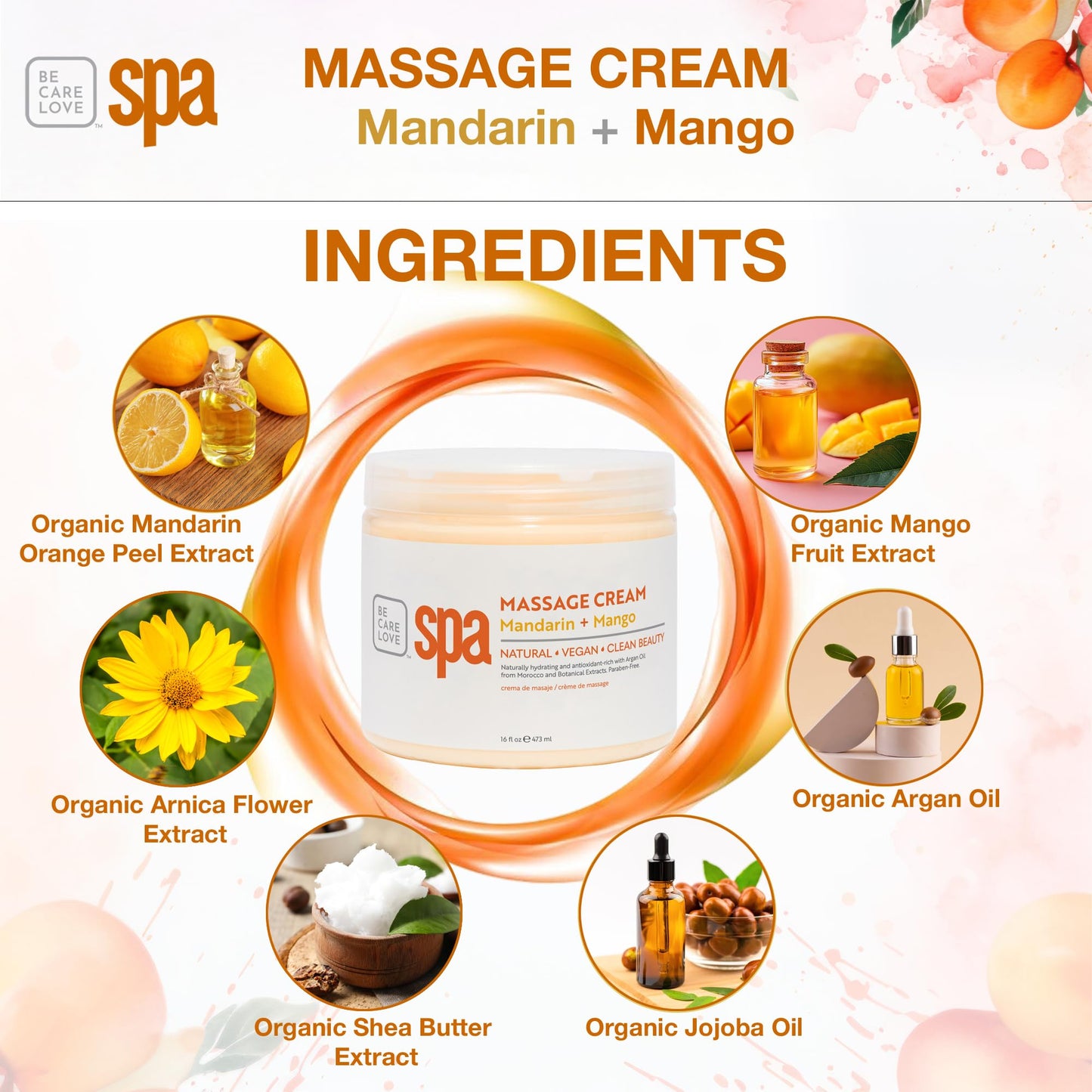 BCL SPA Massage Cream organic Mandarin + Mango body lotion with shea butter, aloe vera, peppermint, argan and jojoba oils, body cream to invigorate