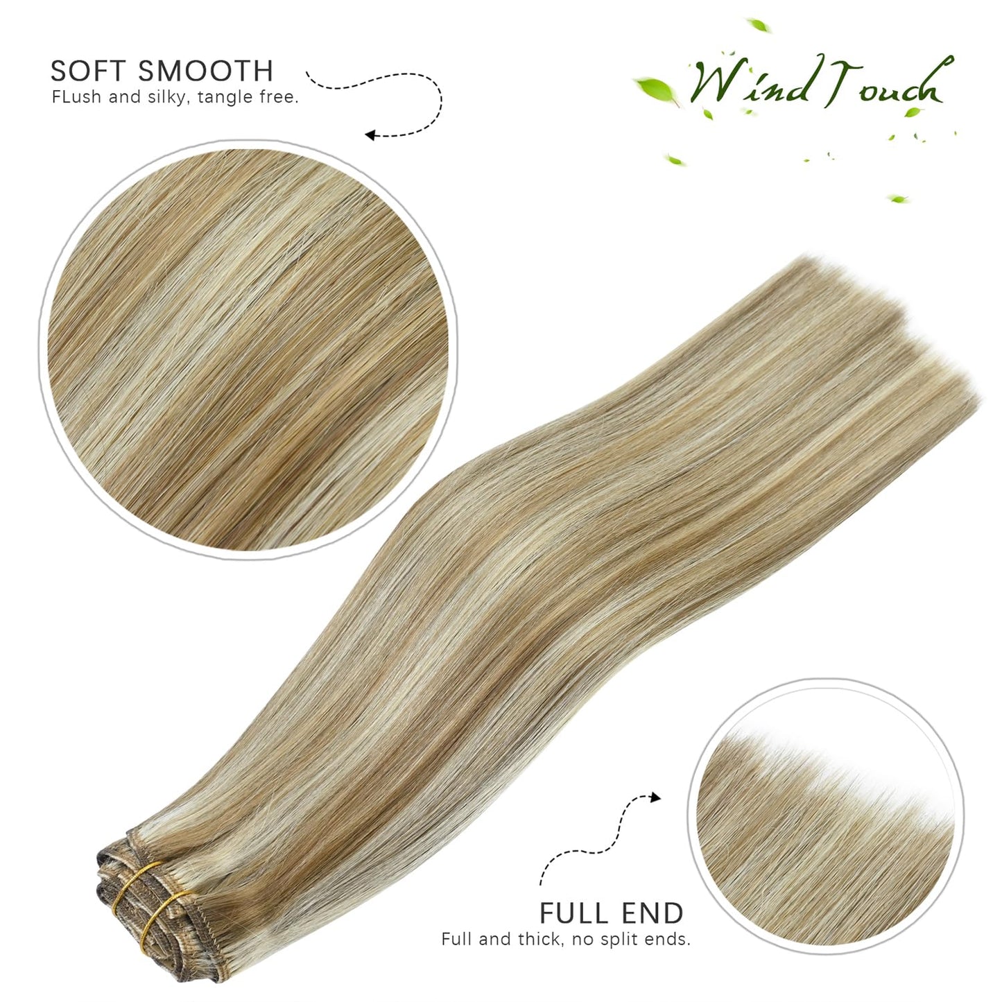 WindTouch Clip in Hair Extensions Remy Hair Mixed Bleach Blonde For Women Balayage 20Inch 75g Hair Extensions for Blonde Clip Ins #18P613 7PCS