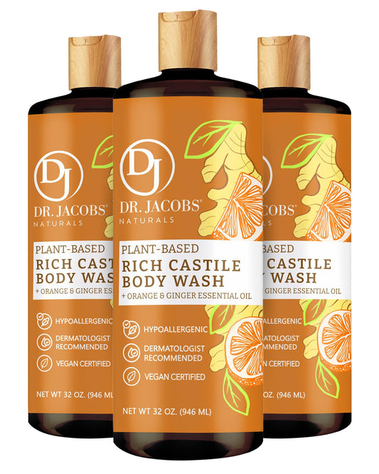 Dr. Jacobs Naturals Pure Castile Soap Liquid Body Wash, Orange & Ginger - Plant Based Soap Infused with Vitamin E & Aloe Vera to Moisturize Dry
