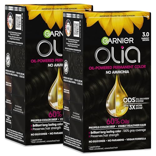 Garnier Olia Hair Color, Ammonia-Free Permanent Hair Dye, Oil-Powered Formula for 100% Gray Coverage and 3x Shinier Hair, Vegan & Cruelty Free, 3.0