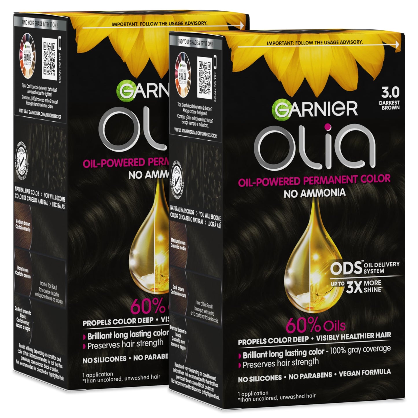 Garnier Olia Hair Color, Ammonia-Free Permanent Hair Dye, Oil-Powered Formula for 100% Gray Coverage and 3x Shinier Hair, Vegan & Cruelty Free, 3.0