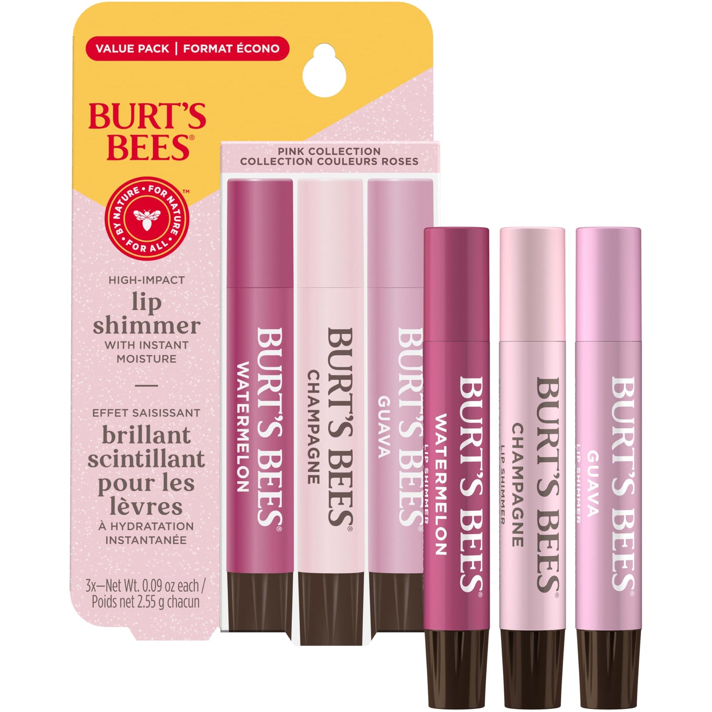 Burt's Bees Lip Shimmer Pink Collection, Tinted Lip Balm Stick, Moisturizing for All Day Hydration with Natural Glowy Pigmented Finish & Buildable