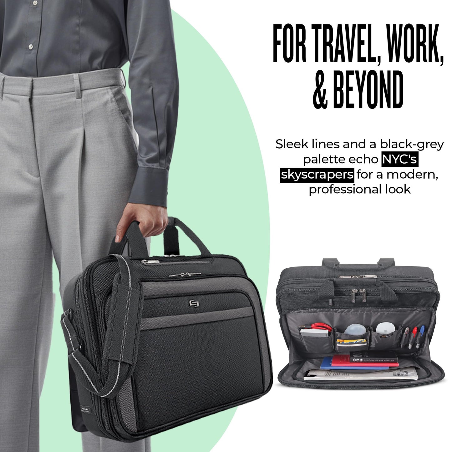 Solo New York Briefcase - Laptop Carrying Bag for Women & Men, Brief for Travel & Work, Front Zippered Pocket, Adjustable Shoulder Strap, Fits 17.3"