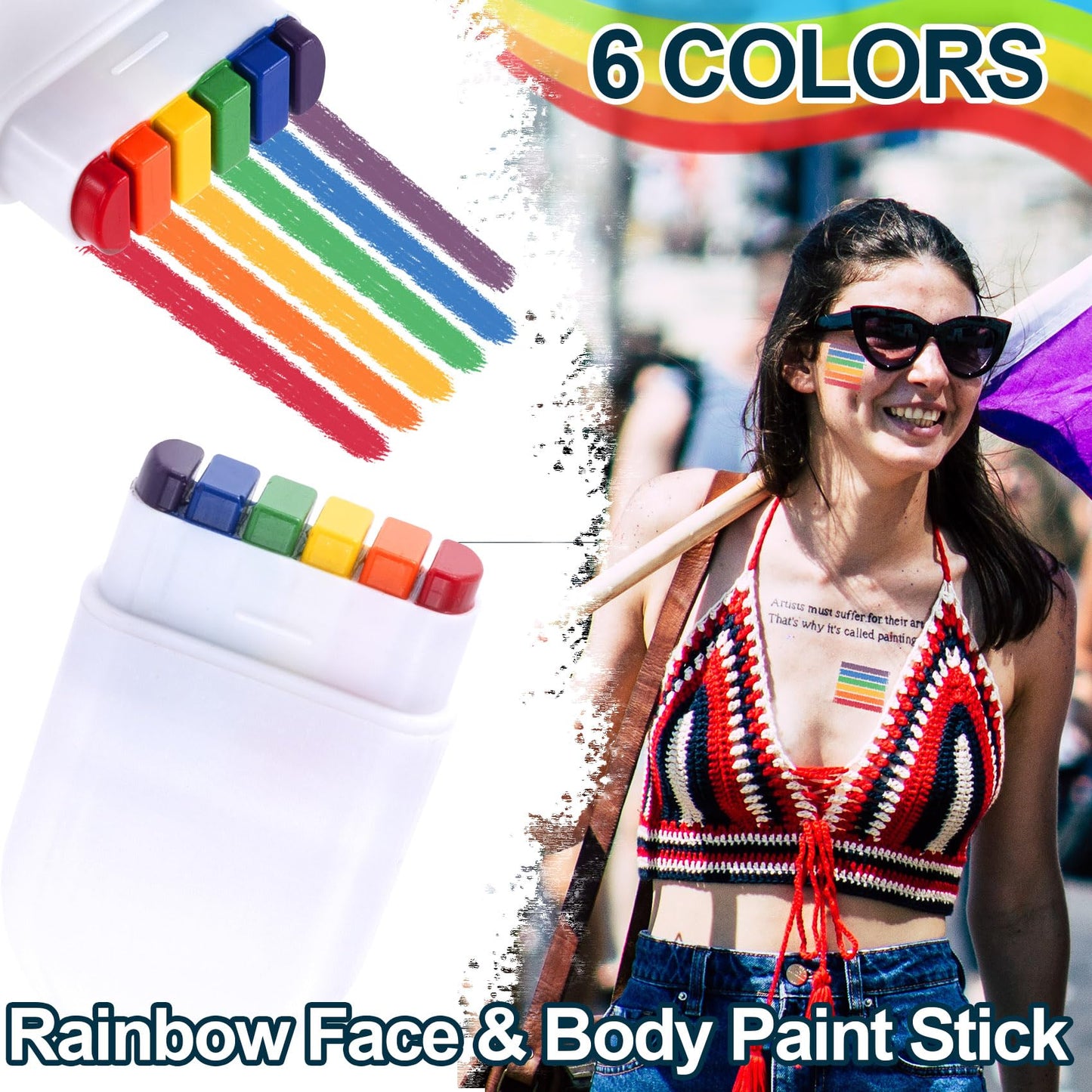 VARMDUKKE 2pcs Rainbow Face Body Paint Sticks, Water-Based Gay Pride Flag Face Paint Sticks, Reusable Festival Makeup Facial Marker Painting Tools