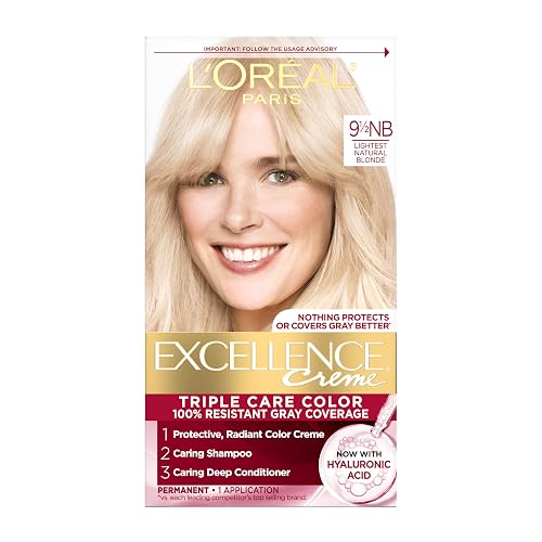 L'Oreal Paris Excellence Crème Permanent Hair Dye, Triple Care Hair Color with Hyaluronic Acid for 100% Gray Coverage, 9.5NB Lightest Natural Blonde