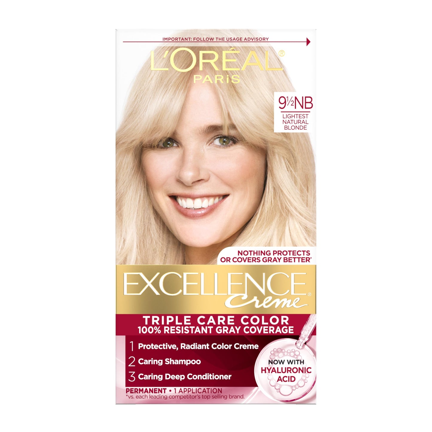 L'Oreal Paris Excellence Crème Permanent Hair Dye, Triple Care Hair Color with Hyaluronic Acid for 100% Gray Coverage, 9.5NB Lightest Natural Blonde
