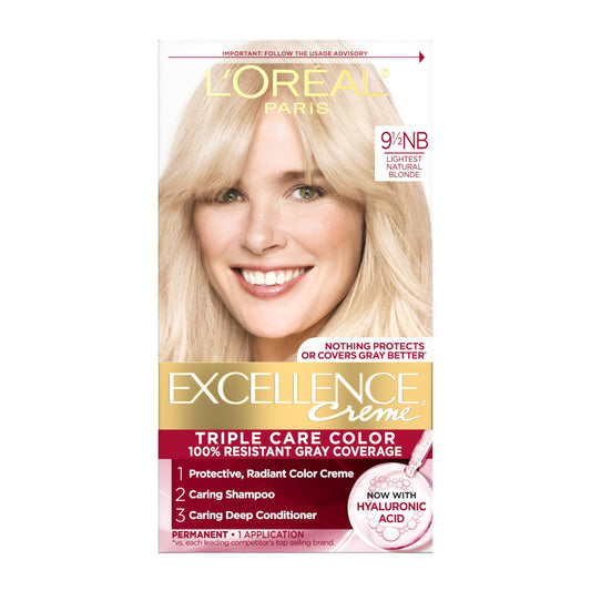 L'Oreal Paris Excellence Crème Permanent Hair Dye, Triple Care Hair Color with Hyaluronic Acid for 100% Gray Coverage, 9.5NB Lightest Natural Blonde