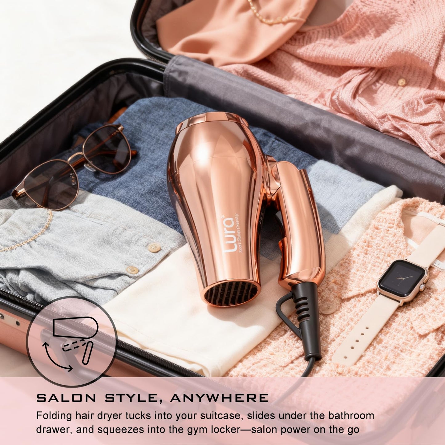 LURA Mini Portable Travel Hair Dryer:Dual Voltage Small Lightweight Blow Dryer with EU Plug,1200W Compact Hairdryer with Folding Handle,with