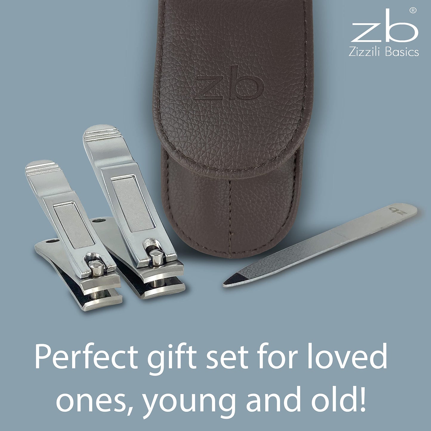 Nail Clippers by Zizzili Basics - 3 Piece Nail Clipper Set - Stainless Steel Fingernail & Toenail Clippers with Nail File and Brown Travel Case - Best