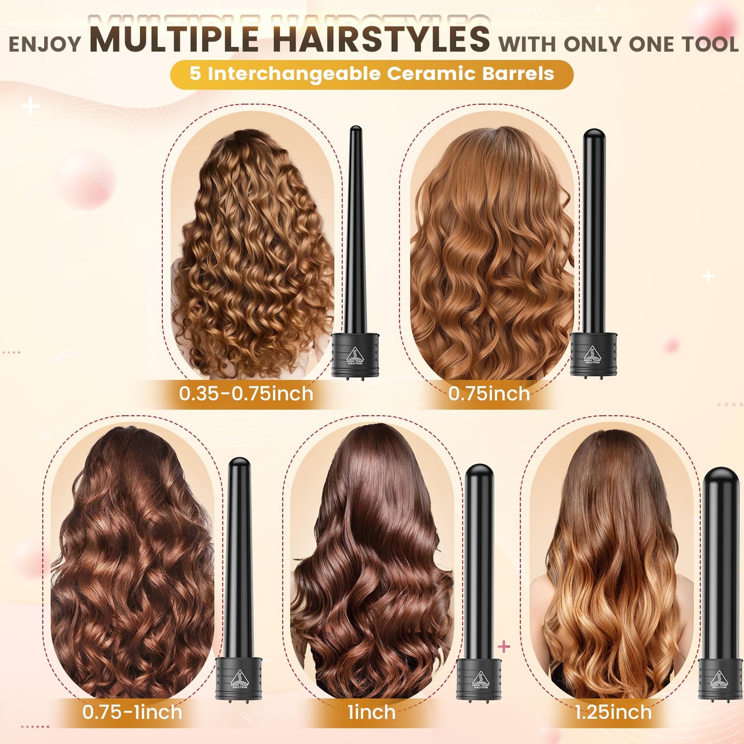 5 In 1 Curling Wand Set, Curling Iron Interchangeable Ceramic Barrels (0.35-1.25 Inch), Heating Hair Curler Kit with Protective Glove & 2 Clips