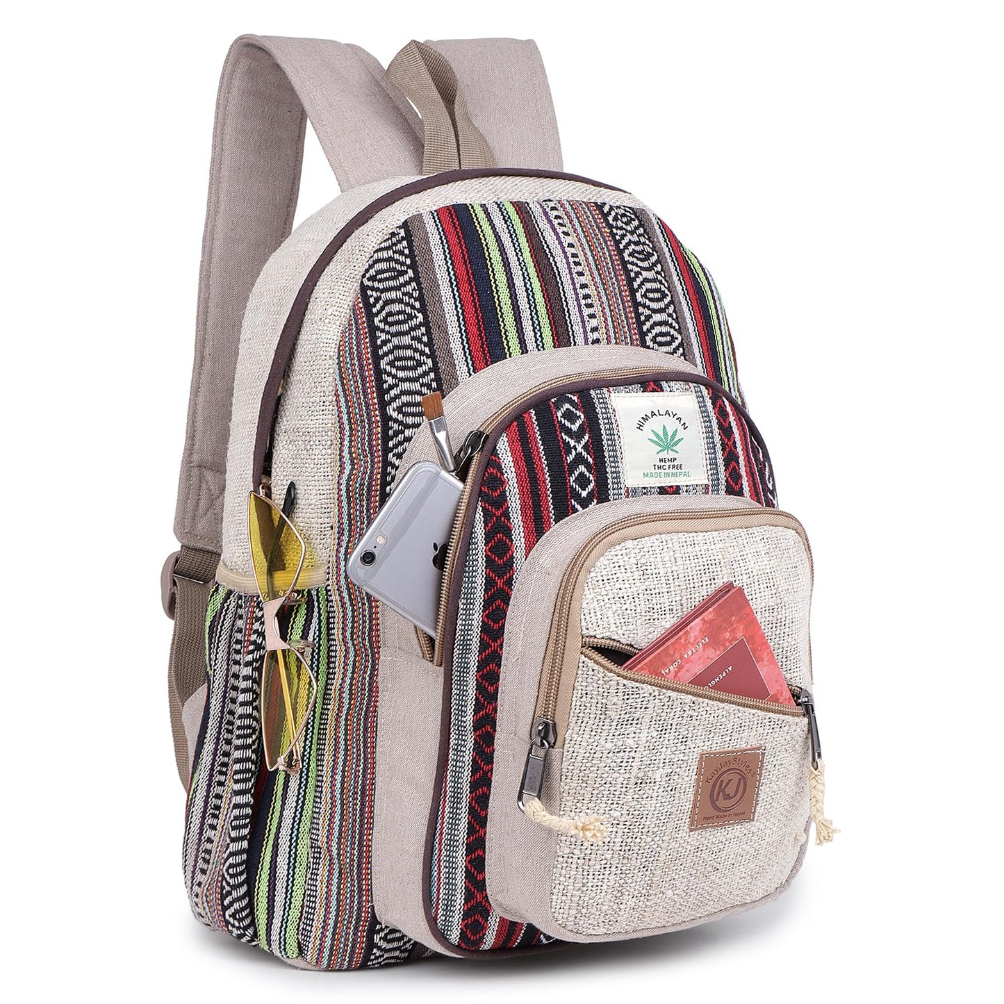 KayJayStyles Natural Handmade Large Multi Pocket Hemp Nepal Backpack