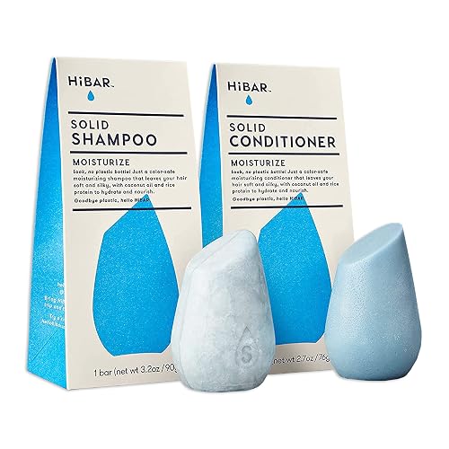 HiBAR - Moisturize Shampoo & Conditioner Bar Set - For Dry, Frizzy Hair - Nourish & Hydrate -Coconut Oil, Cocoa Butter & Vitamin B5 -Plastic, Soap