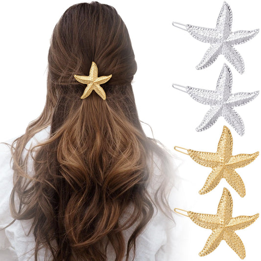 HINZIC 6PCS Starfish Hair Clips, Mermaid Sea Star Ponytail Holder Gold Silver Glitter Bangs Side Barrettes Hair Accessories for Women Halloween