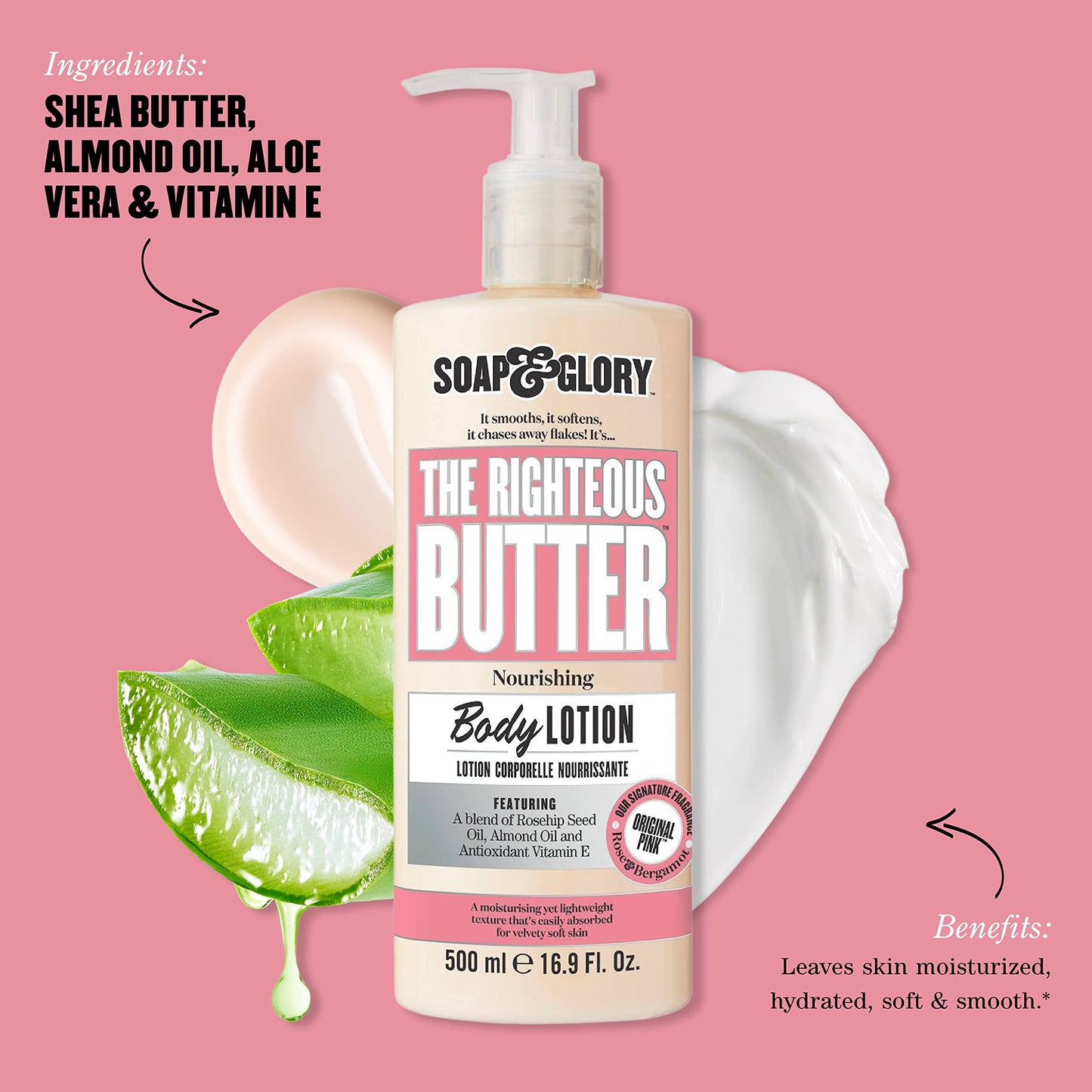 Soap & Glory Original Pink Moisturizing Body Lotion Pump - Lightweight Body Moisturizer for Dry Skin - With Shea Butter, Vitamin E & Aloe Vera