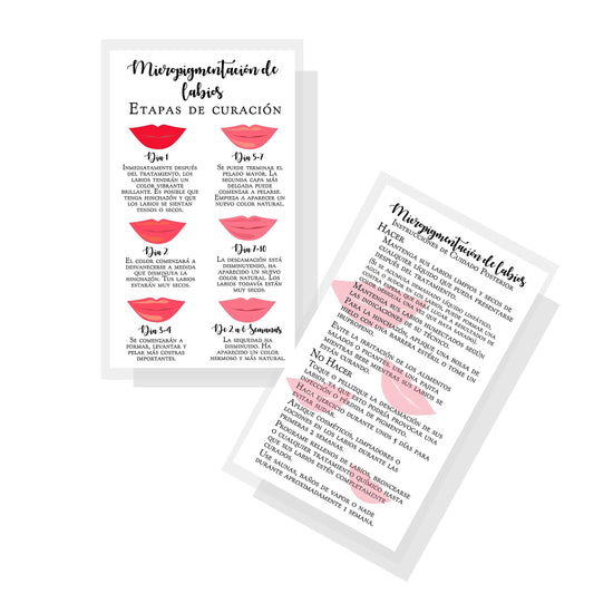 Boutique Marketing LLC Spanish Lip Blush Aftercare Card | Micropigmentación de Labios | 50 Pack | 2 x 3.5in inches Business Card | White with Red Lips