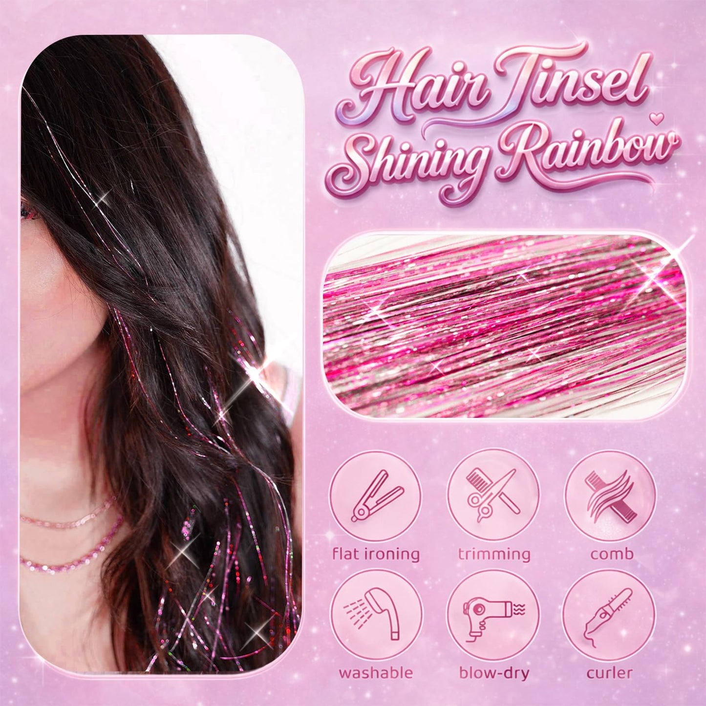Pink Hair Tinsel, 8 Pcs Fairy Hair Tinsel Kit for Girls Women Beauty and Personal Care Rootoo