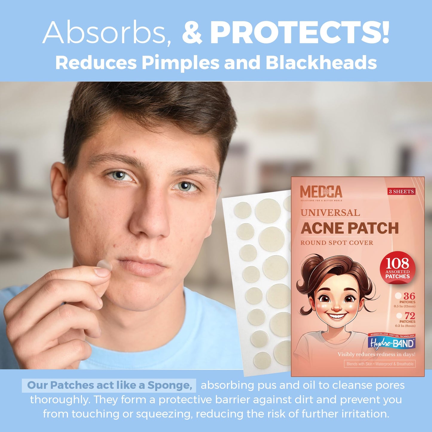 Acne Patches for Face - Hydrocolloid Bandages (108 Count) Pimple Patches for Face in 2 Universal Sizes, Acne Spot Treatment Care for Face & Skin Spot