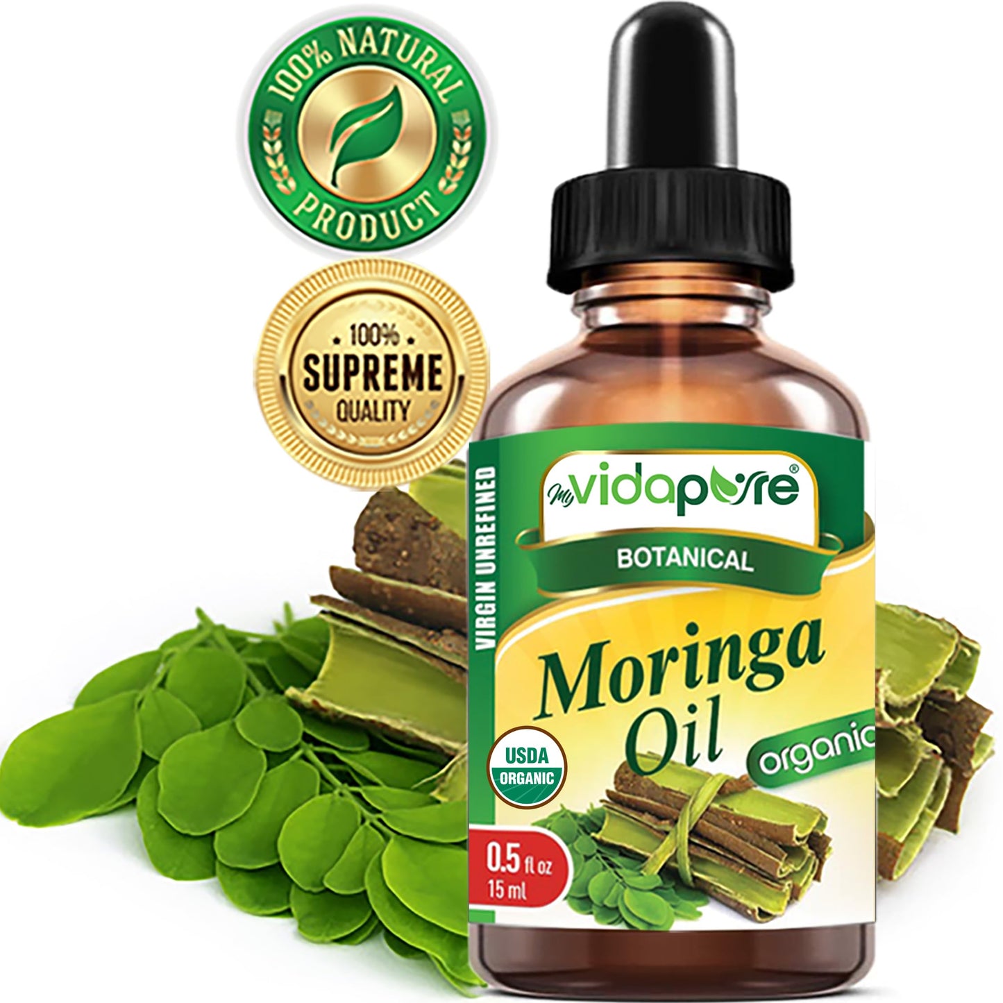 MYVIDAPURE Organic MORINGA OIL Moringa Oleifera Certified Organic 100% Natural Pure Virgin Unrefined for Face, Skin, Body, Hair, Lip, Nails
