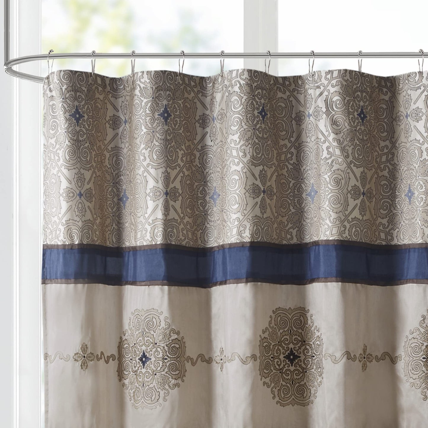 Madison Park Donovan Shower Curtain, Embroidered Jacquard Weave Design, Traditional Bathroom Décor, Machine Washable, Fabric Privacy Screen, 72x72…