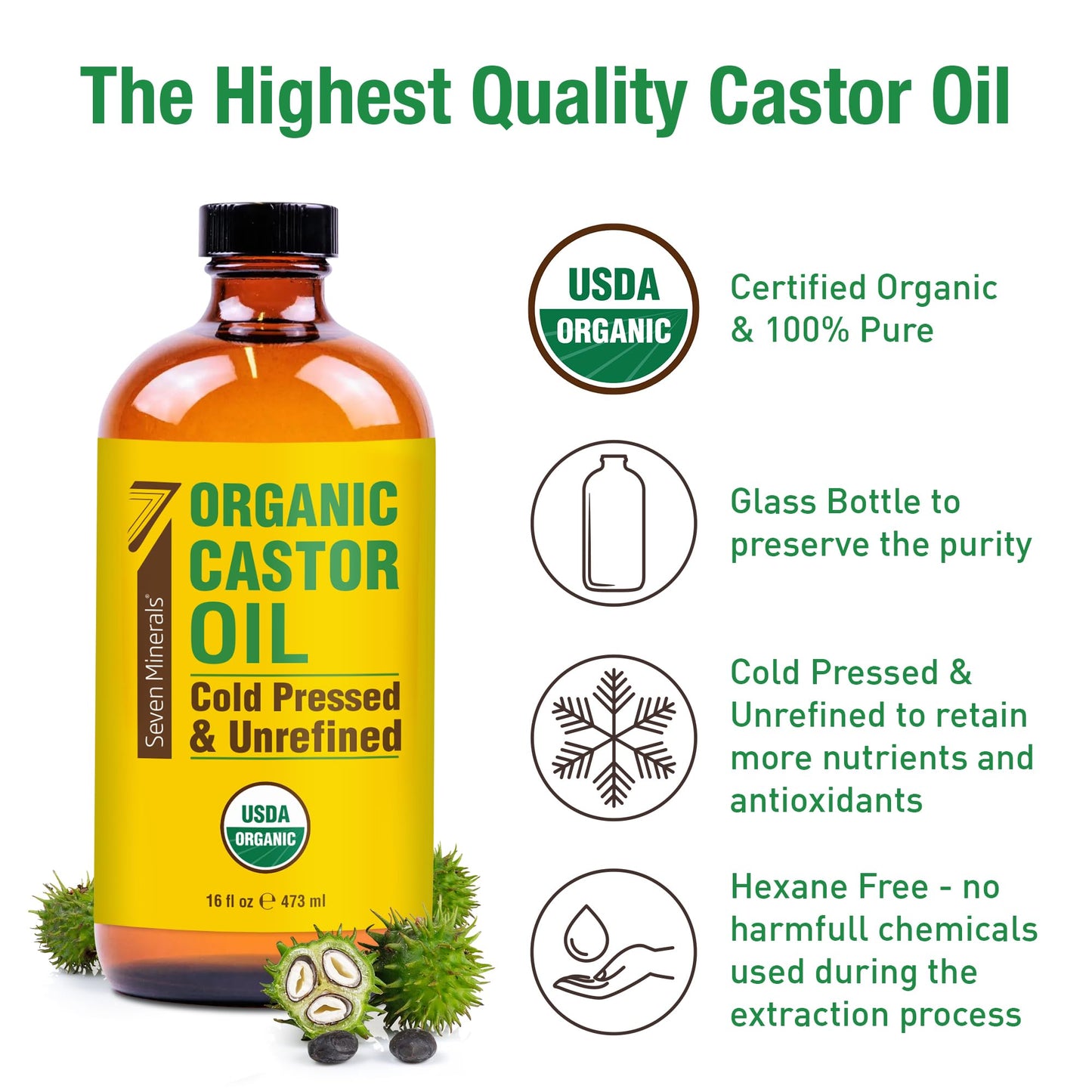 Seven Minerals USDA Organic Castor Oil - Big 16 oz Glass Bottle with Pump - 100% Pure Cold Pressed Unrefined Hexane Free - for Hair Growth, Eyelashes Beauty and Personal Care Seven Minerals