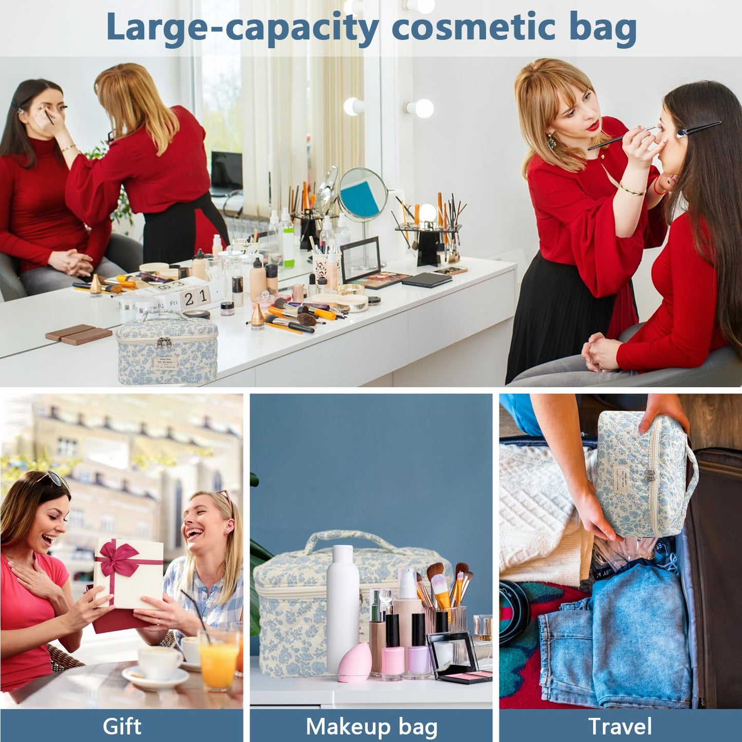 Large Makeup Bag – Floral Coquette Aesthetic Cosmetic Pouch for Women & Girls, Cute Travel Toiletry Organizer Bag (BDLH)