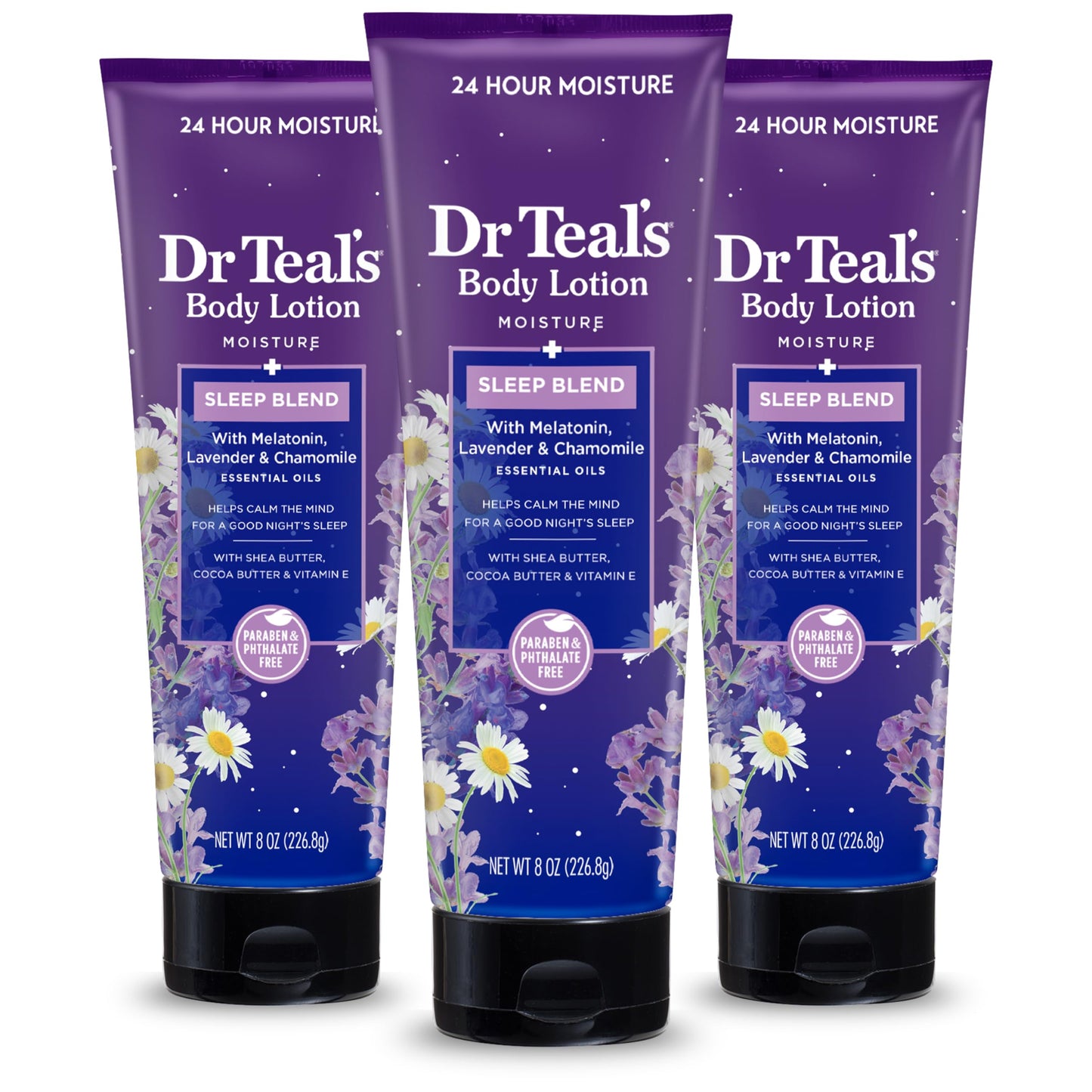 Dr Teal's Sleep Body Lotion, 24-Hour Moisture, with Melatonin, Lavender & Chamomile Essential Oils, 8 fl oz (Pack of 3)