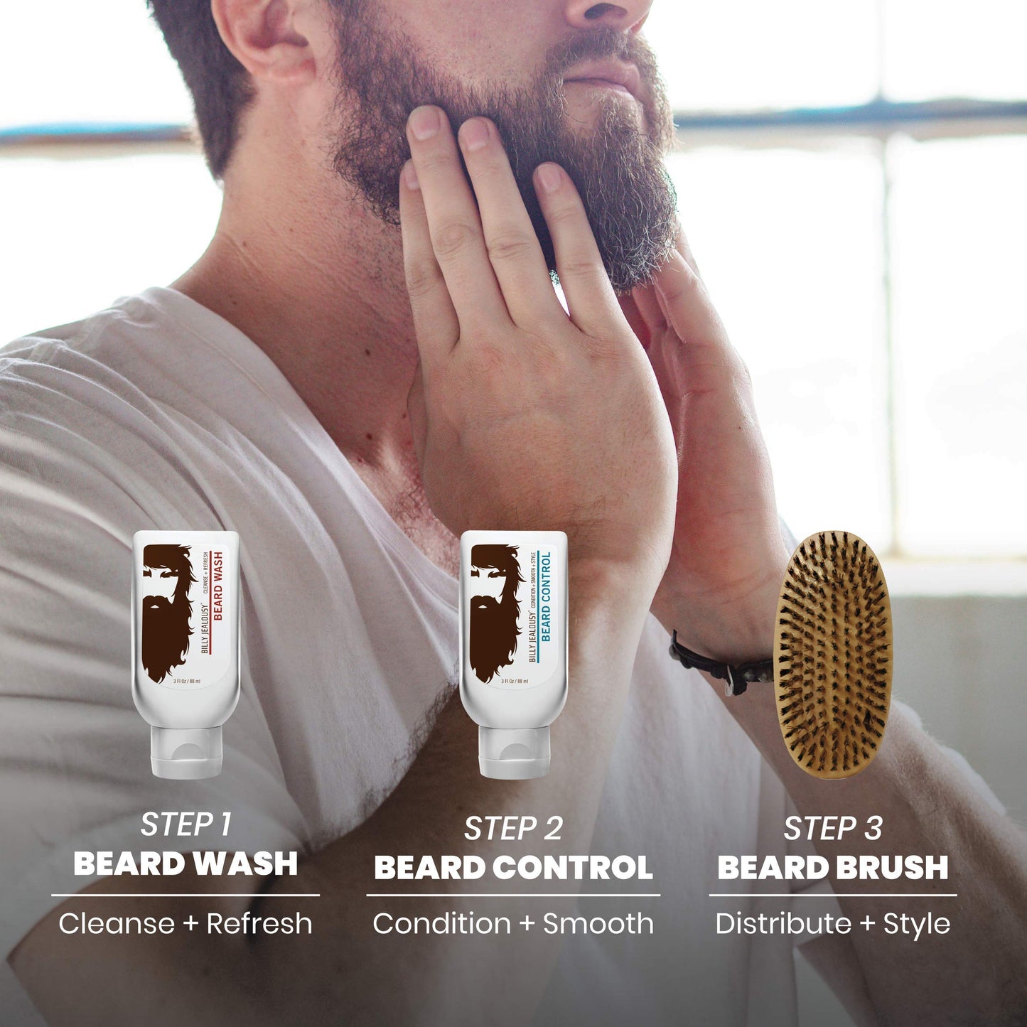 Billy Jealousy Original Beard Envy Facial Hair Refining Kit with Beard Wash Facial Hair Control and Boar Bristle Brush for Clean, Hydrated, Soft