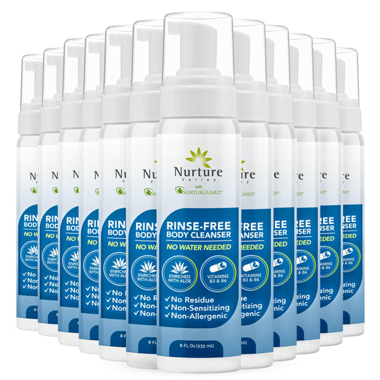 Nurture Rinse Free Waterless Foaming Cleanser | Women, Camping, Elderly & Hospital Care | Waterless Shower & Bath Wash w/Aloe for Sensitive Dry Skin