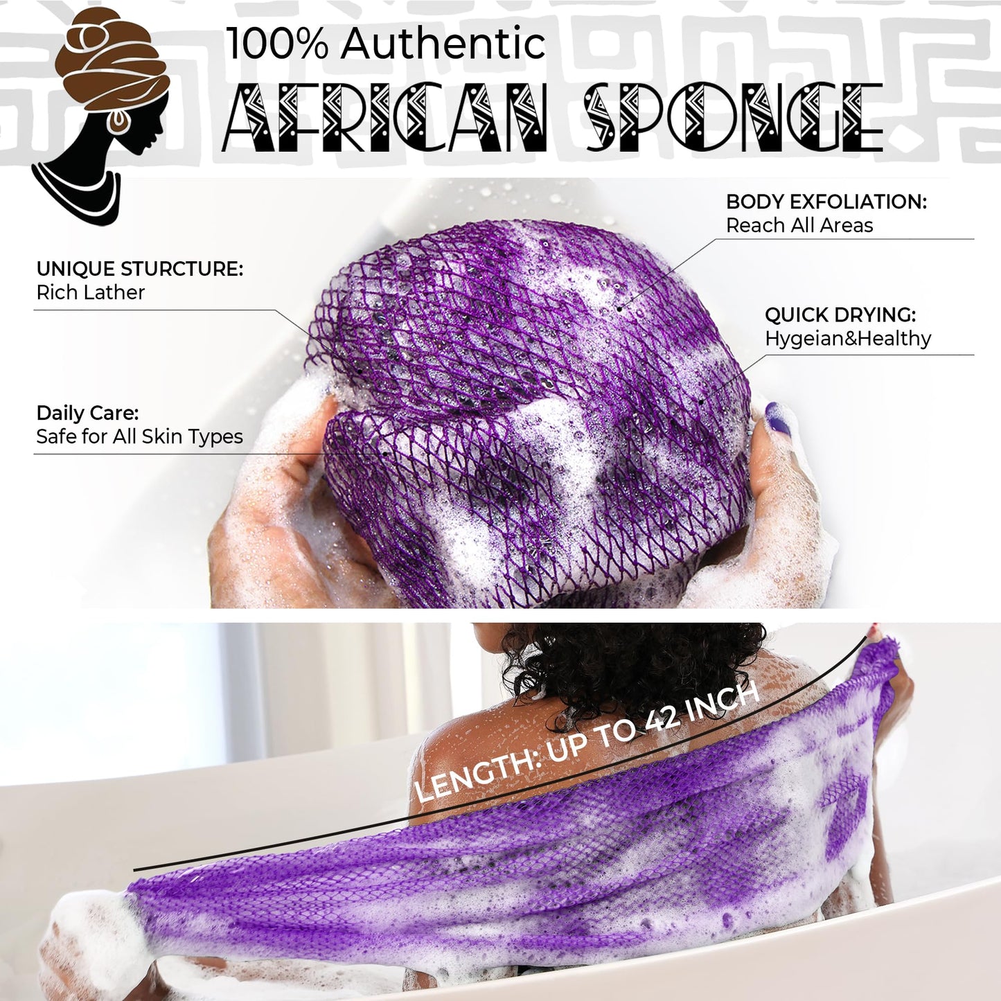 Authentic African Net Sponge with Knots - 2 Pieces Exfoliating Body Sponge Purple & Green - Back Scrubber Shower Exfoliator for Women Personal Care Beauty and Personal Care RelaxScene