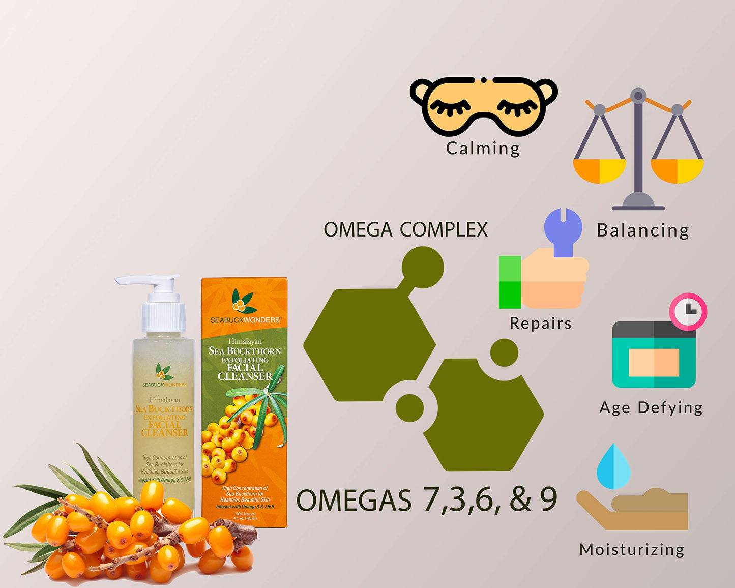 SeabuckWonders Organic Sea Buckthorn Exfoliating Daily Face Wash, Deep Cleaning, Gentle Facial Cleanser with Omega 3,6,7,9, Jojoba, pH Balanced