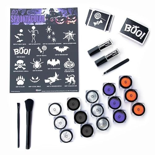 Glimmer Halloween Tricks, Treats and More Glitter Tattoo Kit! - 75 Stencils (15 Designs, 5 Each), 12 Glitters, 3 Crystal Jars, 2 Glues, 2 Brushes
