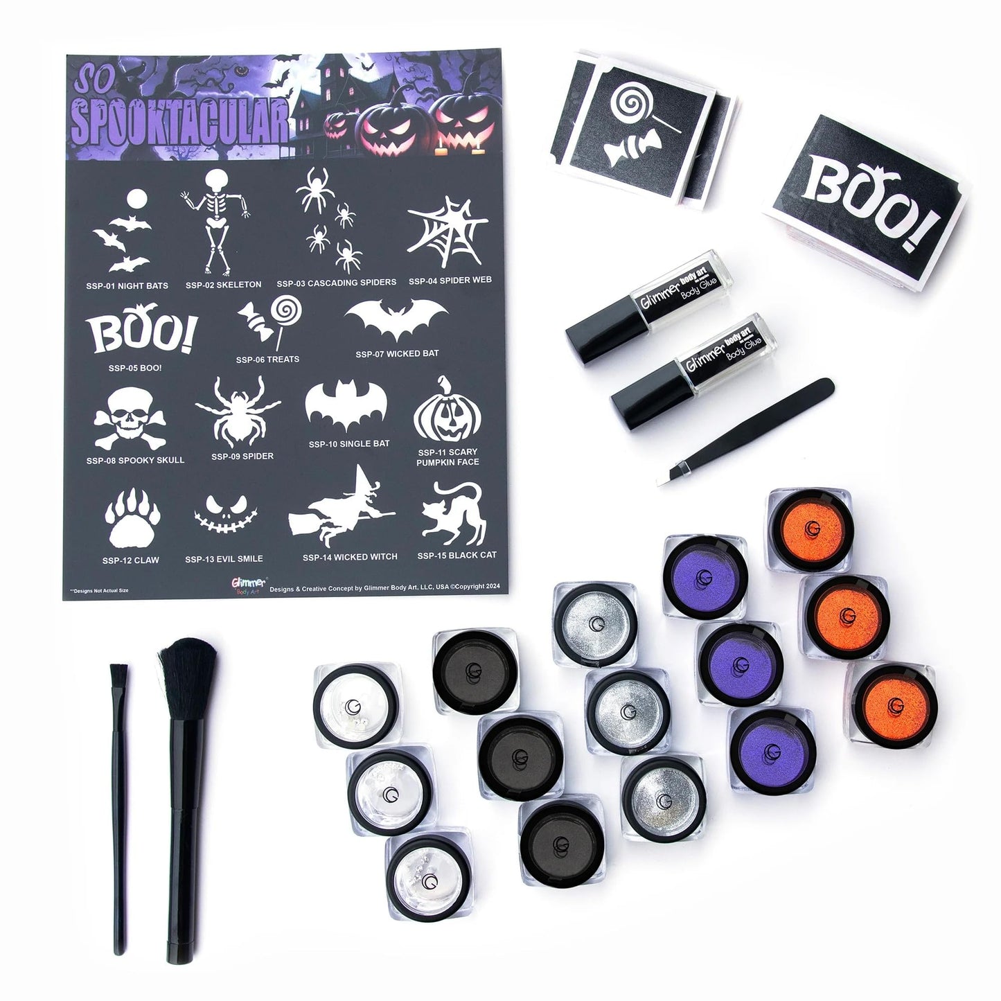 Glimmer Halloween Tricks, Treats and More Glitter Tattoo Kit! - 75 Stencils (15 Designs, 5 Each), 12 Glitters, 3 Crystal Jars, 2 Glues, 2 Brushes