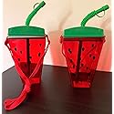 Fruit Shaped Water Bottles 2 Pack, Watermelon and Lemon Canteens with Strap and Straw, Plastic Tumblers for Travel Summer Party Picnic Camping