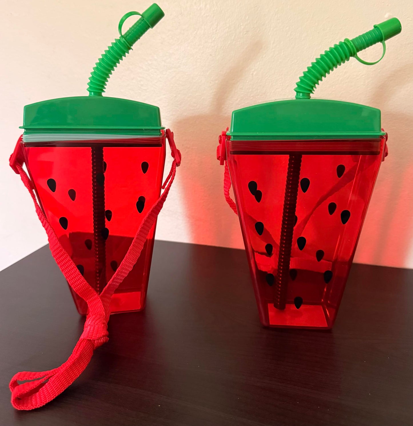 Fruit Shaped Water Bottles 2 Pack, Watermelon and Lemon Canteens with Strap and Straw, Plastic Tumblers for Travel Summer Party Picnic Camping