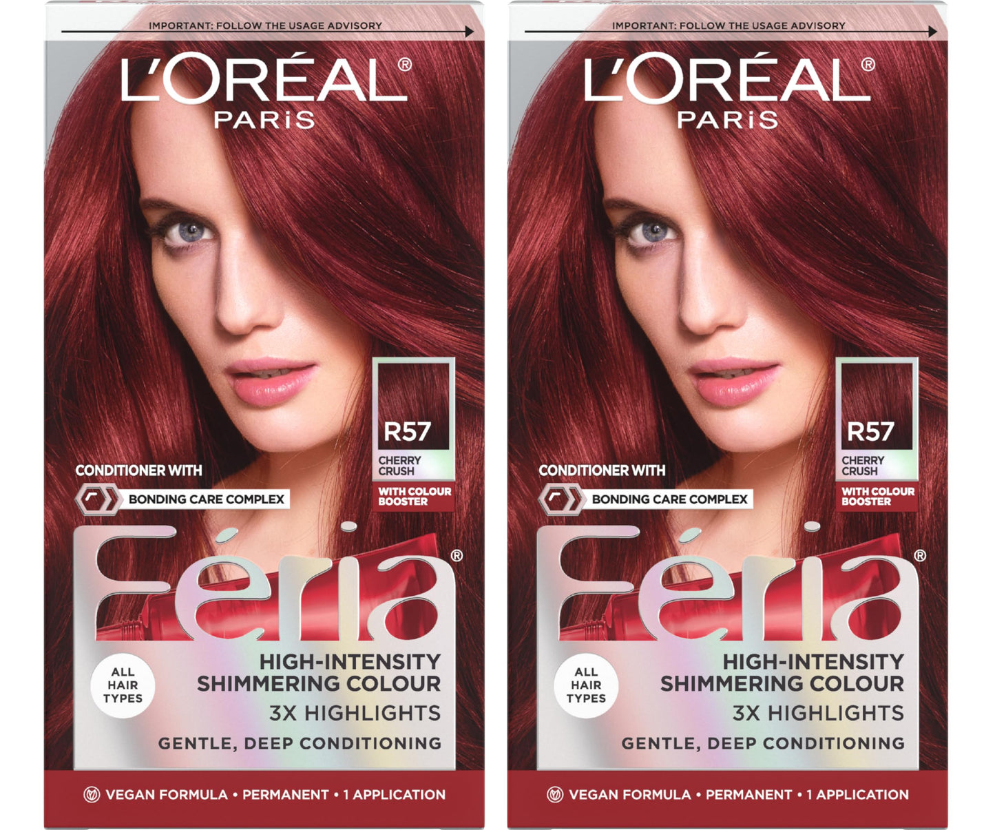 L'Oreal Paris Feria Multi-Faceted Shimmering Permanent Hair Color, R57 Intense Medium Auburn, Hair Dye Kit, Pack of 2
