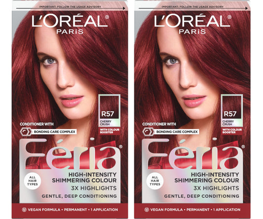 L'Oreal Paris Feria Multi-Faceted Shimmering Permanent Hair Color, R57 Intense Medium Auburn, Hair Dye Kit, Pack of 2