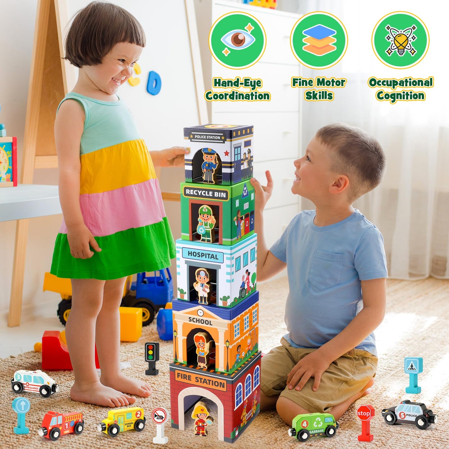 Baby Stacking Toys – Magnetic Wooden Cars & Garage Sorting Set, Montessori Educational Toys for Toddlers & Preschool Kids Birthday Gift