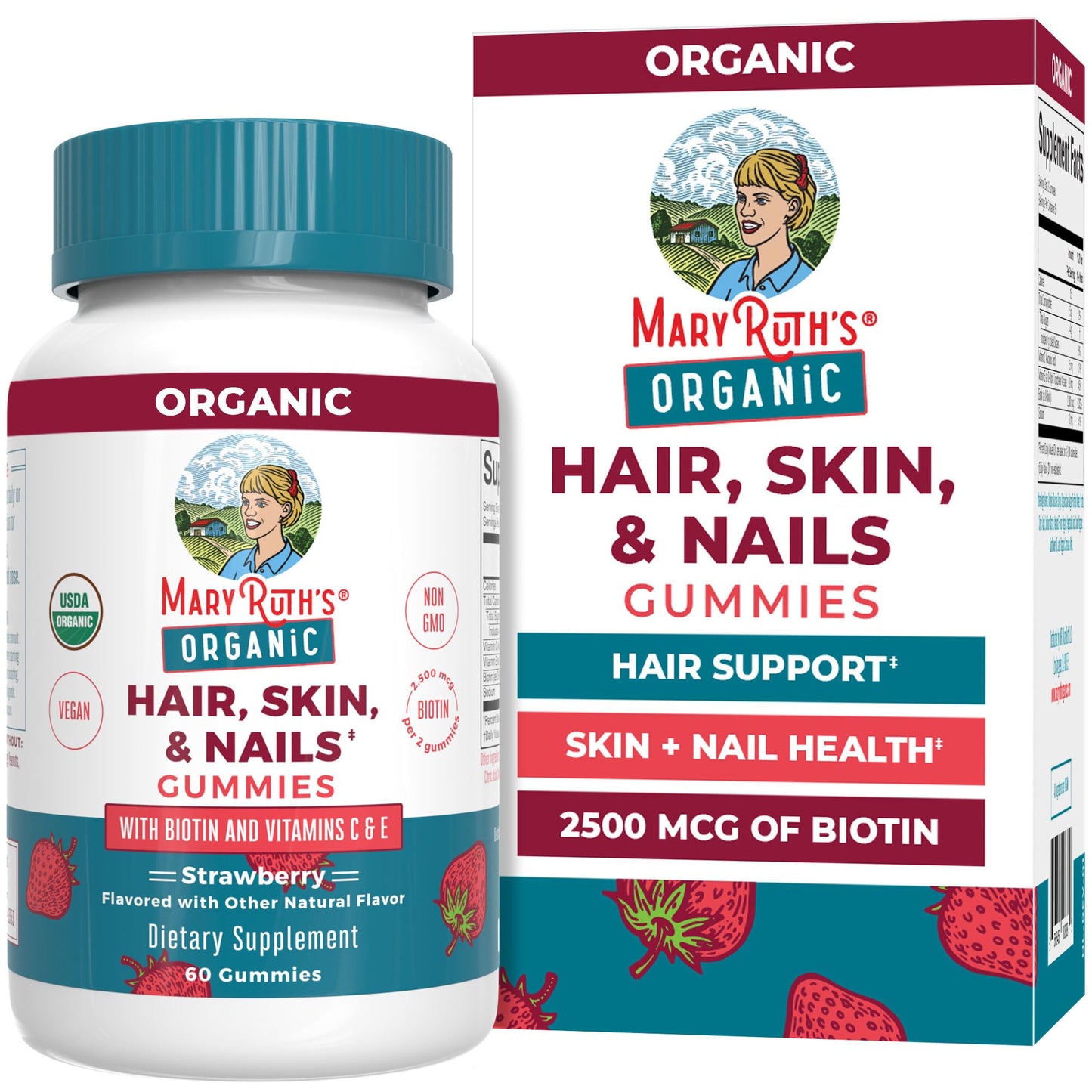 MARYRUTH'S Hair Skin and Nail Vitamins | USDA Organic | 2500 mcg Biotin Gummies with Vitamin C & Vitamin E | Hair Growth Vitamins | Skin Care | Nail Beauty and Personal Care MARYRUTH'S