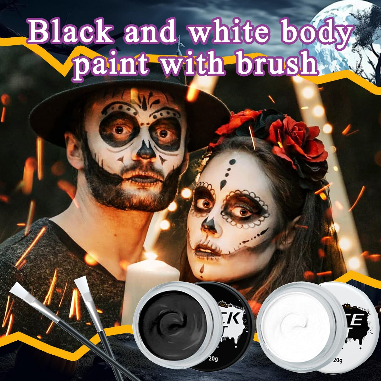 Black White Face & Body Paint Set,Professional Oil Based Face Painting Kit with 2 Brushes,Halloween SFX Makeup Palette Kit for Skull Costume Party