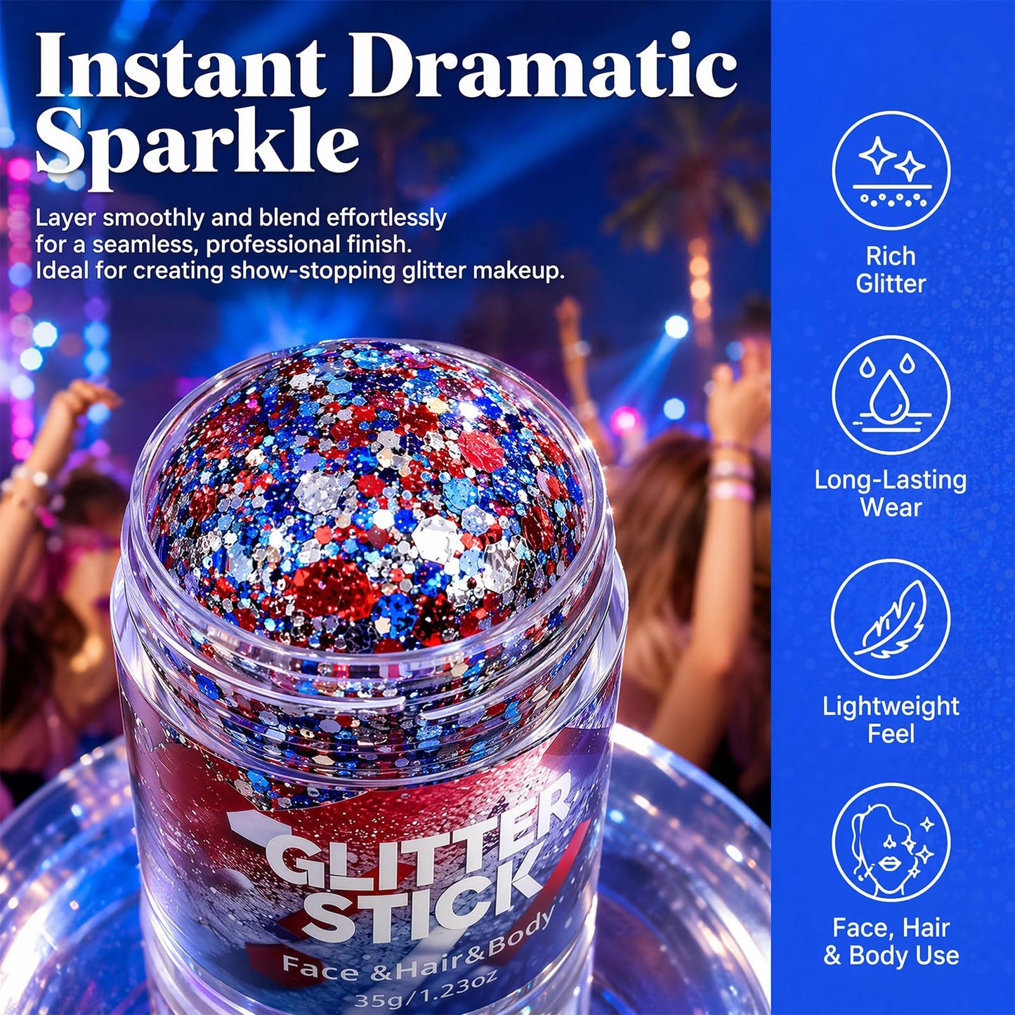 4th of July Glitter Stick, 2026 Red White and Blue Glitter Stick for Hair & Body, Fourth of July Glitter Sticks for Independence Day Parties