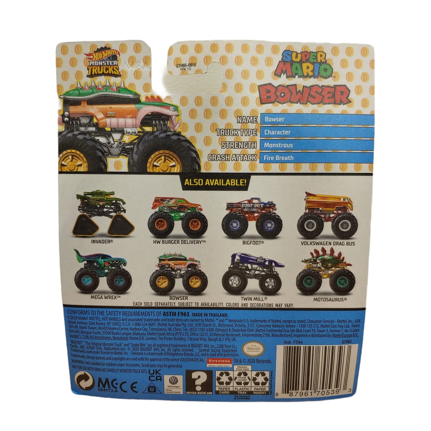 Hot Wheels Monster Trucks 2021 #16/75 Super Mario Bowser with Re-Crushable Car