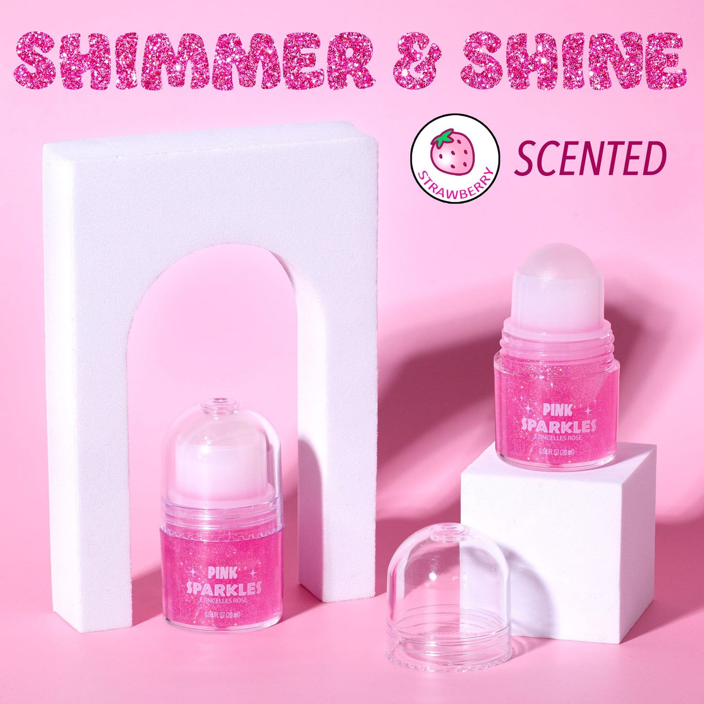 2pc Pink Sparkles Roll-On Glitter Set - Strawberry Scented Rollerball Body & Face Glitter Stick | Shimmer & Shine Makeup for Girls & Kids | Fun