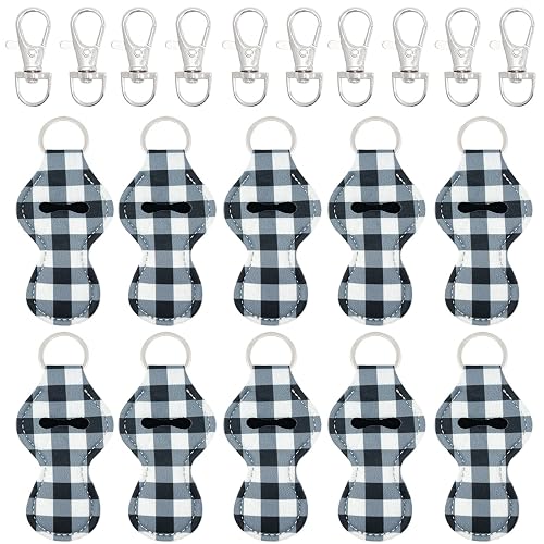 allydrew 10 Pack Chapstick Holder Keychain, Keyring for Lip Balm Lip Gloss Lipstick with 10 Pieces Metal Keyring Clasps, Blue & White Plaid