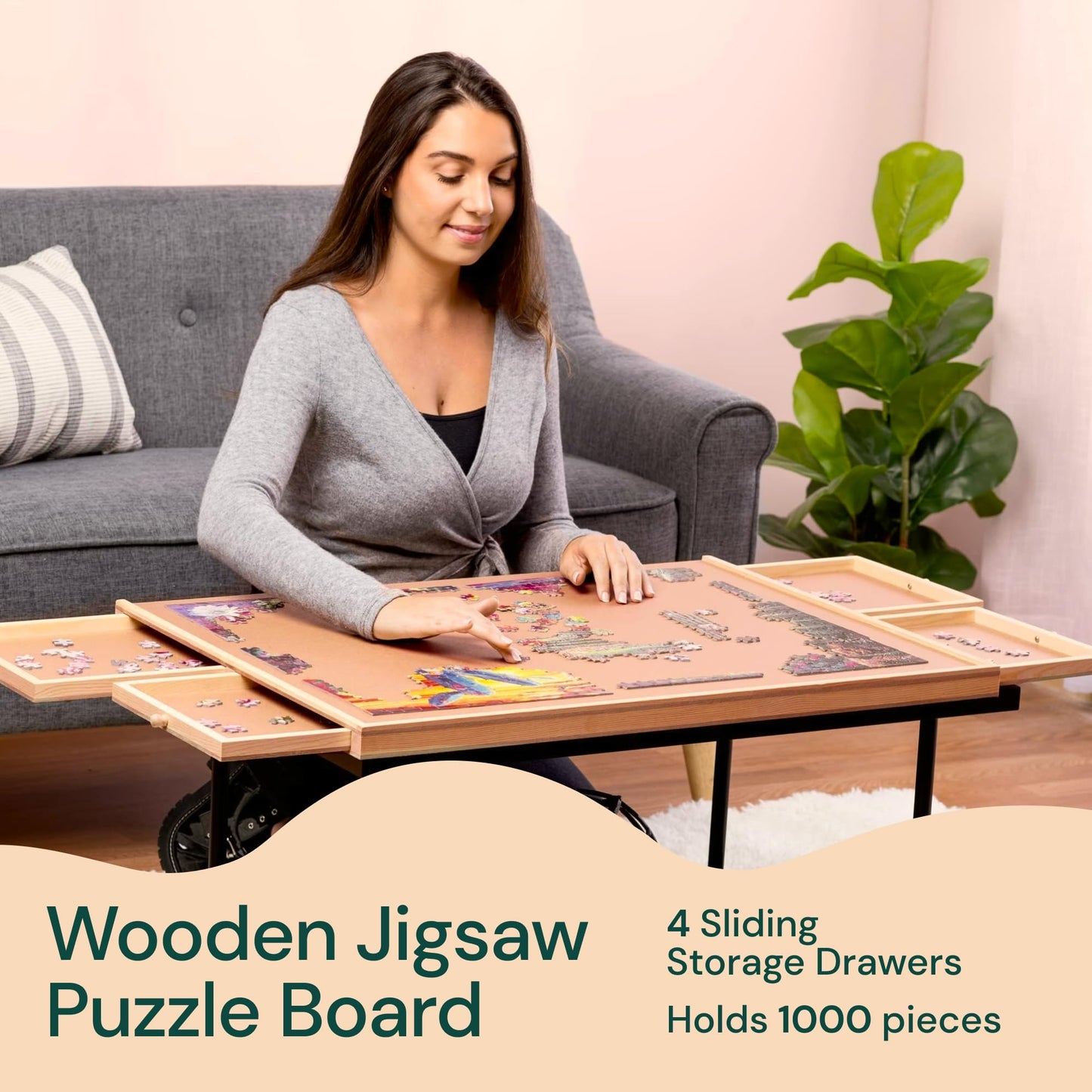PlayVibe 1000-Piece Rotating Puzzle Board – Portable 22"x30" Wooden Jigsaw Table with Drawers, Cover & 4 Compartments, Lazy Susan Spinning Design