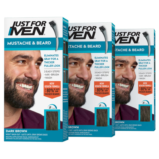 Just For Men Mustache & Beard, Beard Dye for Men with Brush Included, With Keratin Biotin Aloe and Coconut Oil for Healthy Facial Hair - Dark Brown