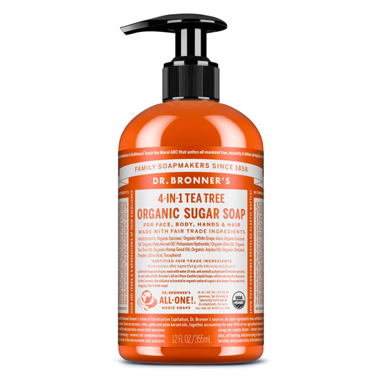 Dr. Bronner's Organic Sugar Soap (Tea Tree, 12 Ounce) - Made with Regenerative Certified Organic Oils, Sugar & Shikakai Powder, 4-in-1 Use: Hands