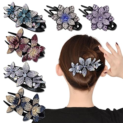 6 Pack Rhinestone Double Flower Hair Clip for Women Girls, Crystal Duckbill Clip Hairpin with Teeth Non-Slip Women Elegant Hair Dovetail Clips